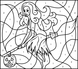 Witch on a Broomstick - Printable Color by Number Page - Hard